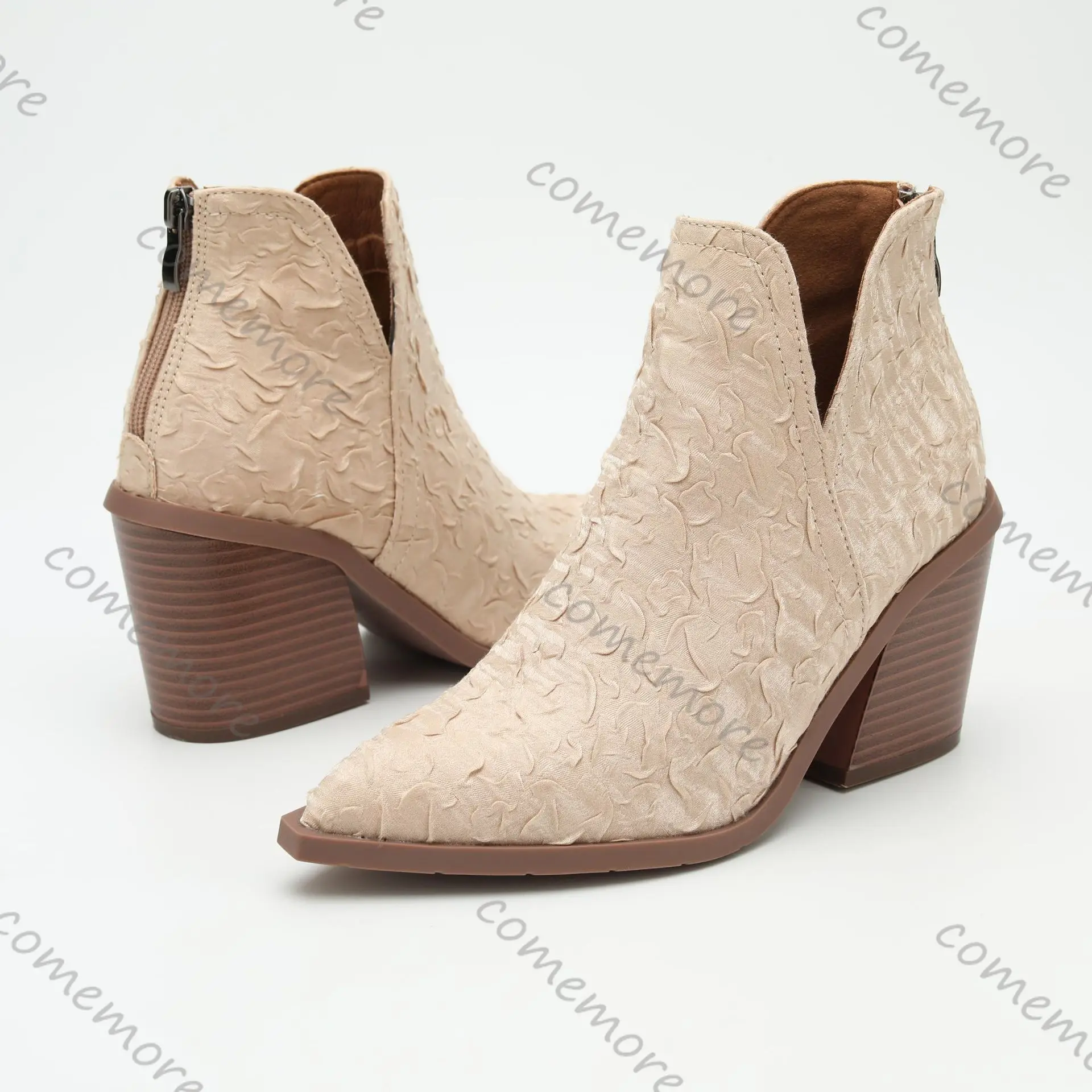 Elegant Fashion V-neck Women's Boots Mid Calf Rear Zipper Ankle Booties Square Heel Autumn Winter Coarse Heel Pointed Toe Shoes