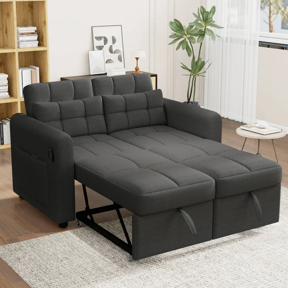 Sofá Loveseat, Sofá Cama 3 en 1 con Respaldo Ajustable, USB, Reposabrazos y Almohadas, Apto para Sala de Estar, Apartamento