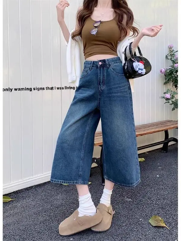 High Waist Wide Leg Jeans Women's Loose Fitting Meat Concealing Pear Body Straight Cut Denim mid Length Summer New Arrival