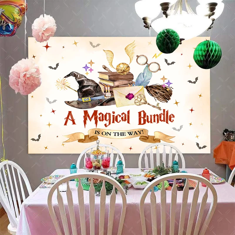 Wizard Baby Shower Backdrop 7Wx5H A Magical Bundle is On The Way Photography Witch Hat Magical Bundle Castle Owl Kids Background