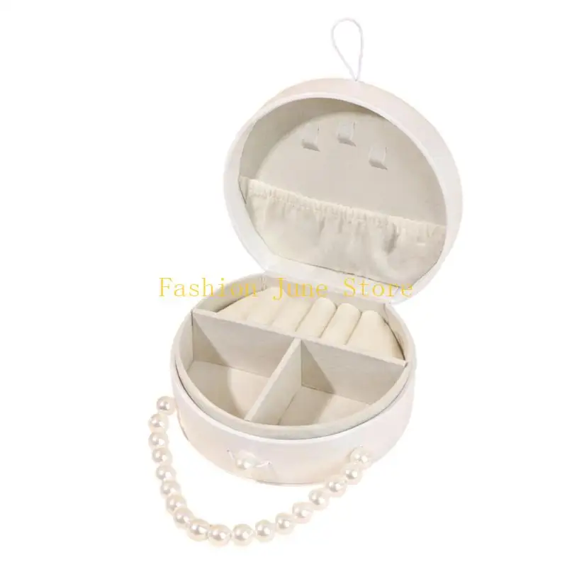 N5KA Round Jewelry Storage Box with Necklace Hooks, Ring Slots and Soft Lining, Beaded Handle for Daily Jewelry Storage
