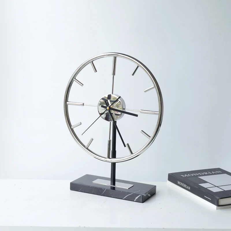 

New Chinese Style Stainless Steel Marble Clock Ornaments Hotel Living Room Coffee Table Furnishing Creative Home Accessories