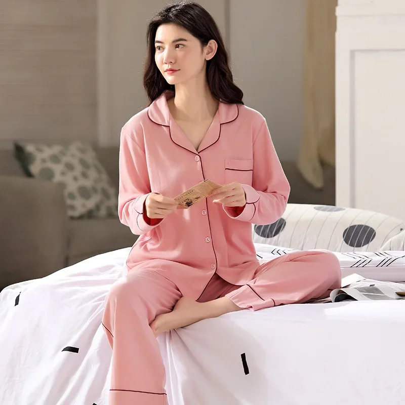 Pyjama en coton à manches longues pour femmes, vêtements de nuit simples et doux, vêtements d'intérieur de loisirs, nouveau, printemps et automne, document solide