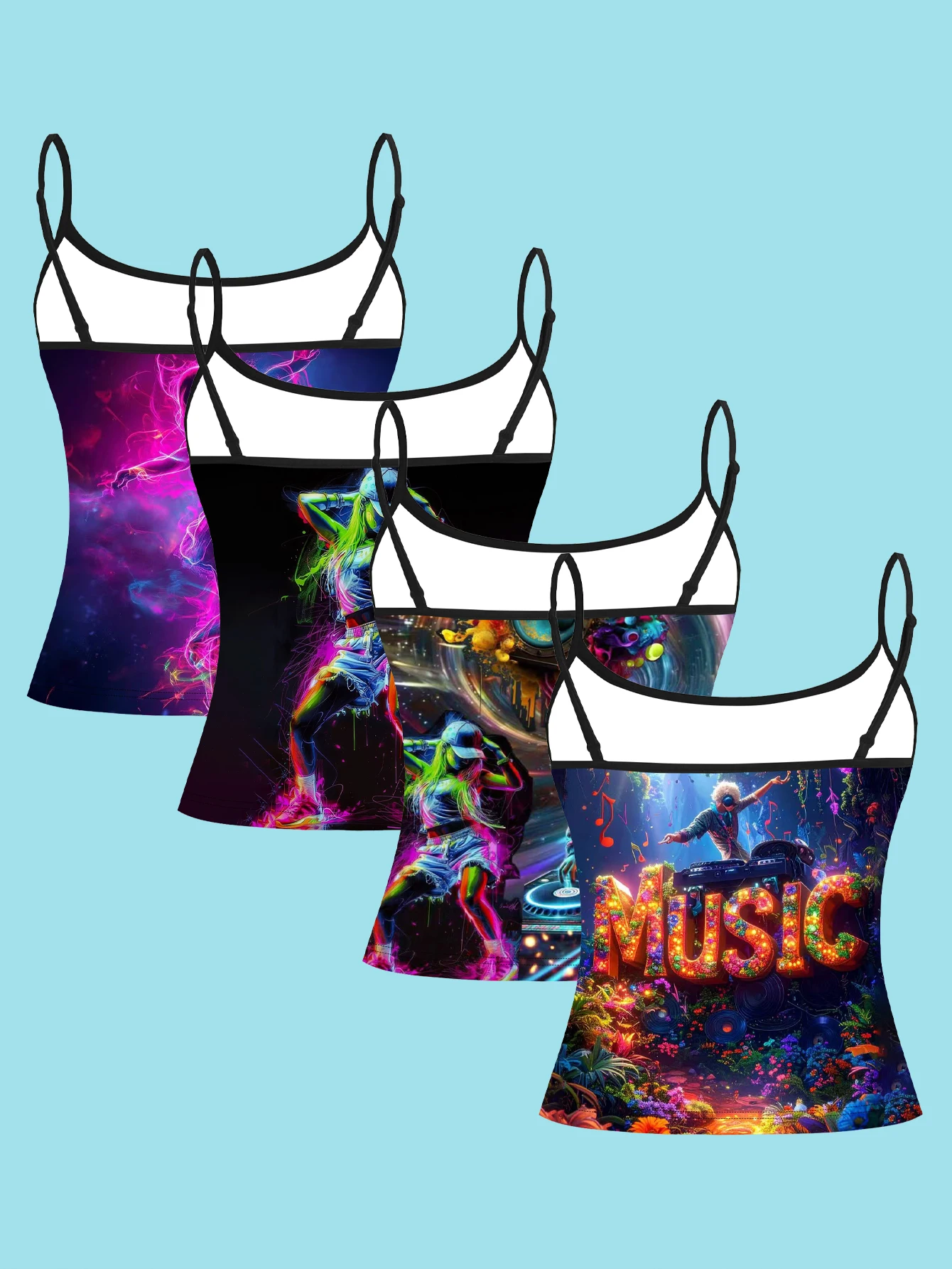 4-Piece Set of Neon Electronic Music Dj Character Print Camisoles, Cyber Colorful Fluorescent Dancing Girl Audio-Themed Slim-Fit Spaghetti Strap Sleeveless Tops for Women, Suitable for Outerwear or Layering