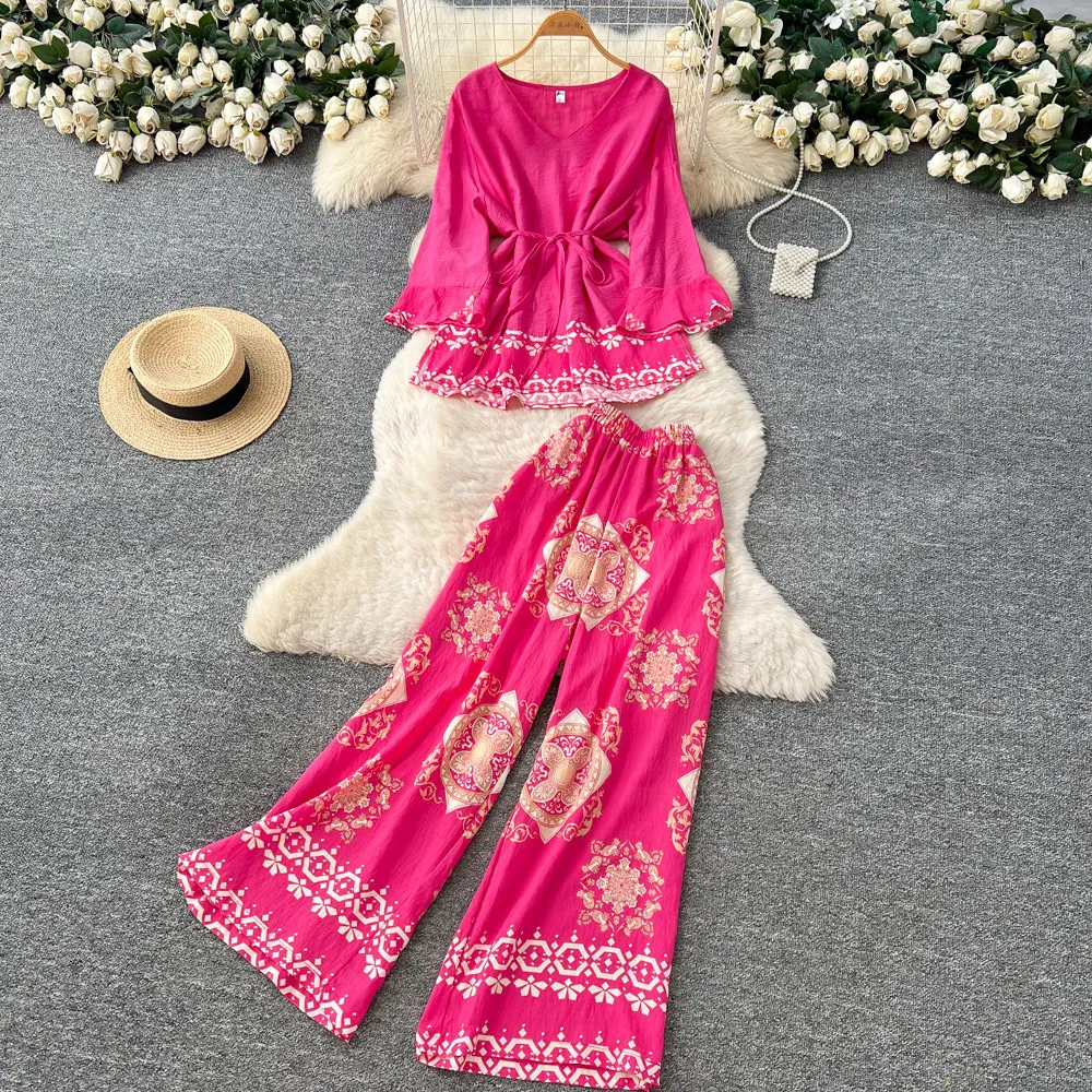

Pant Set Women Two Piece Sets V Neck Lantern Sleeve Tops Print Wide Leg Long Pants Lace Up Elastic Waist Y2k Streetwear 2026