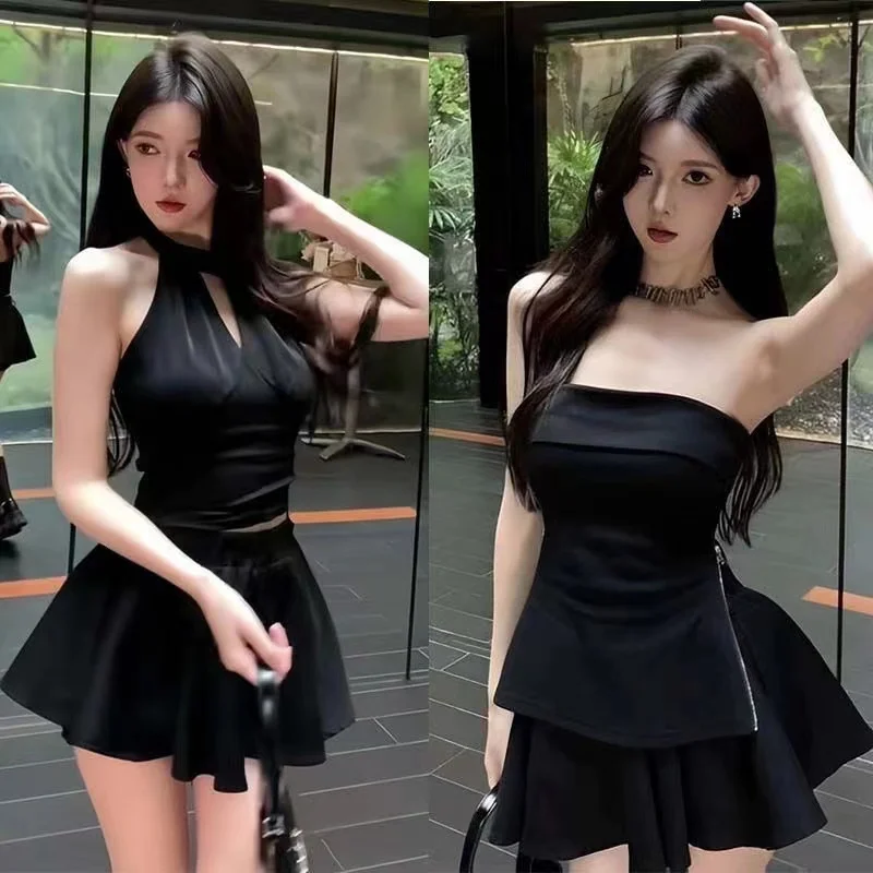 

Black Spicy Girl Set Women's Summer Hanging Neck Tube Top Vest Strap Sweet Spicy Top Skirt Two-Piece Set Fashionable Ensemble