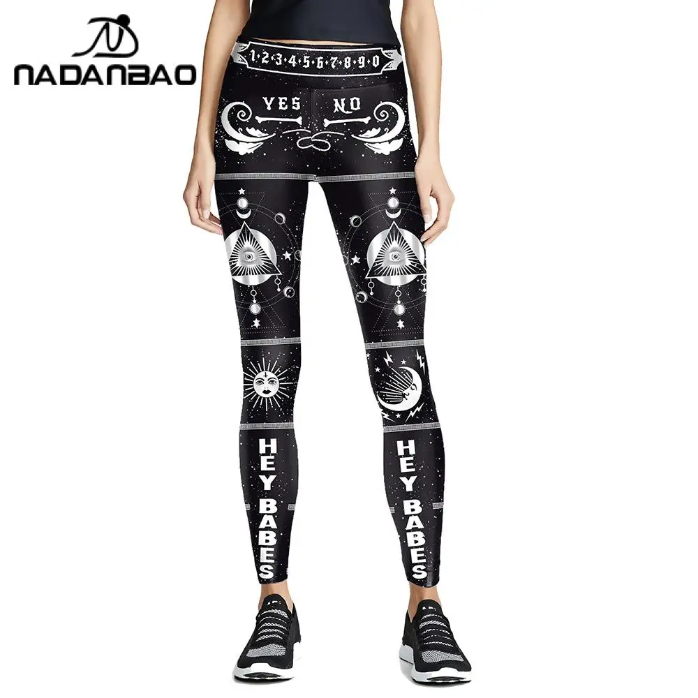 NADANBAO Gothic Women Leggings Ouija High Waist Pants Witchy Sun Moon Trousers Casual Ankle Length Workout Bottom for Yoga Sport