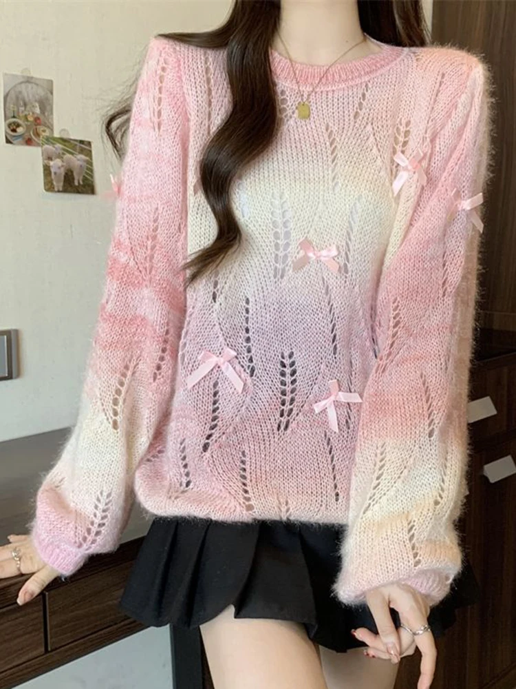 Korean Fashion Sweet Bow Hollow Out Sweaters Women Gradient Long Sleeve Knitted Pullover Preppy Style Loose Elegant Cute Jumpers