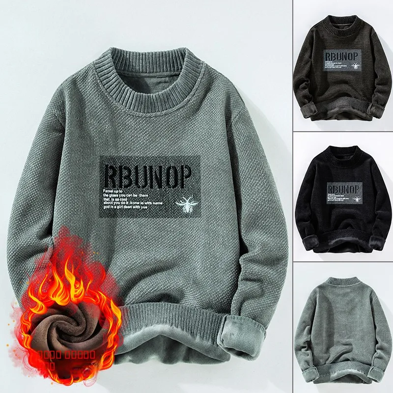 

Осенне-зимний утепленный вязаный свитер для мужчин, повседневный свободный крой, с флисовой подкладкой, модный трикотаж в гонконгском стиле