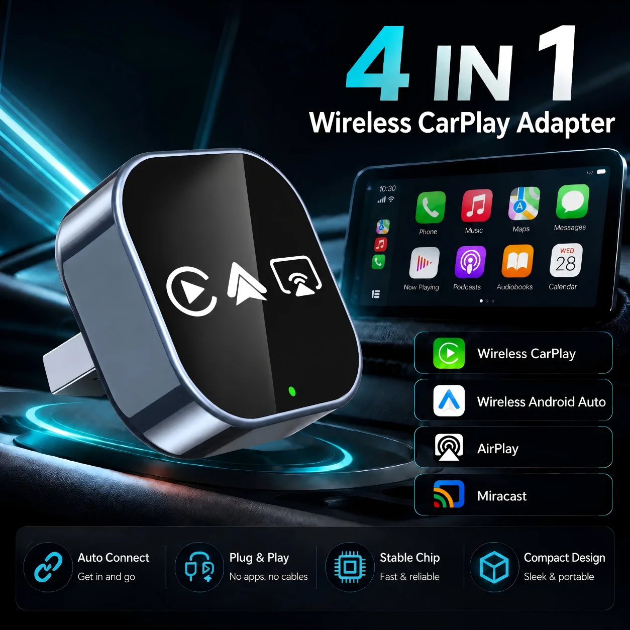 4 in 1 CarPlay Smart Box Auto Wireless CarPlay Android Auto Adapter AirPlay Miracast Mirror Link USB Plug & Play Mini Size