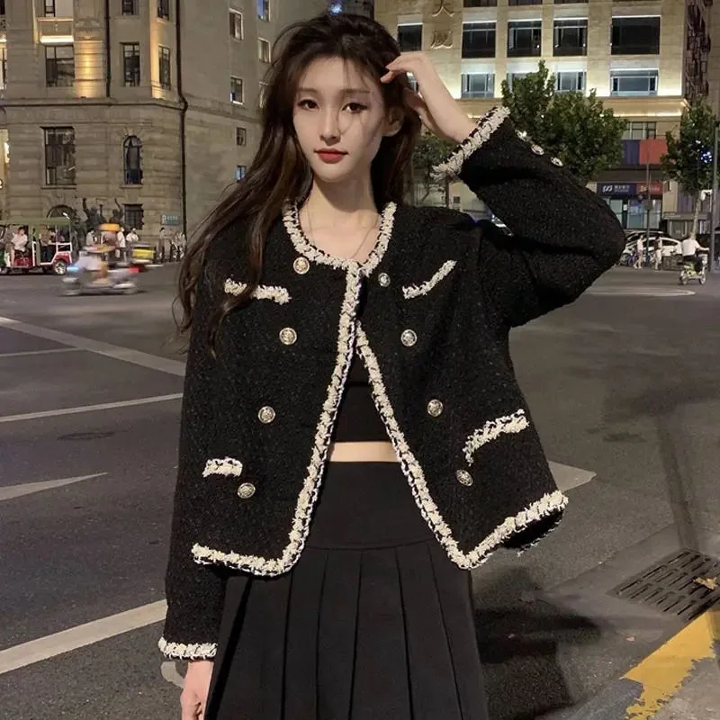 Vintage Elegant Tweed Cropped Jacket Women Fall Winter Korean Loose Solid Coat Double Breasted O Neck Long Sleeve Short Outwear