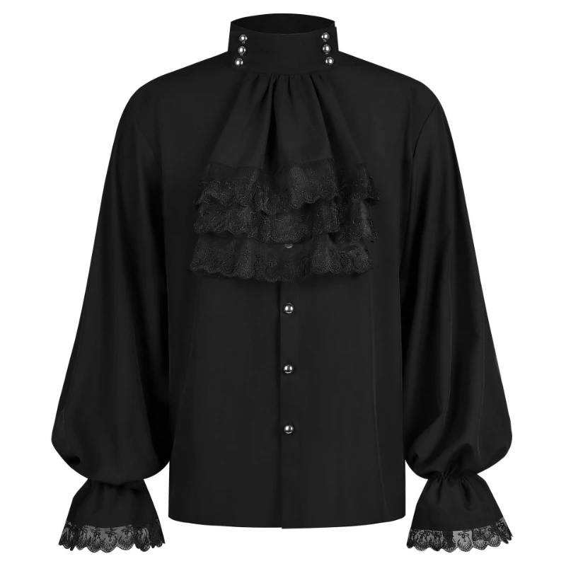 Gothic Victorian Loose Fit Shirts for Men and Women,Ruffled Lace Jabot Stand Collar Balloon Shirt,Halloween Cosplay Vintage Top
