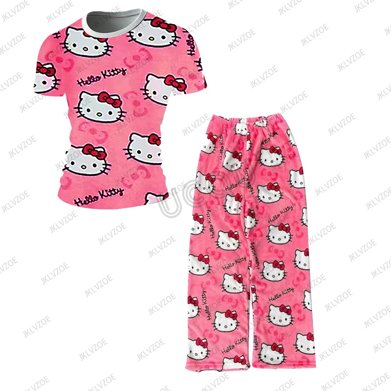 

Мужские брюки, спортивный костюм, комплект из 2 предметов, футболка с короткими рукавами и принтом «Hello Kitty», спортивные штаны для сна, повседневная спортивная одежда унисекс