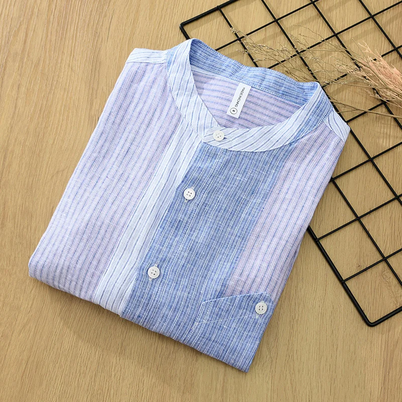 Japanese Minimalist Men\'s Standing Neck Vertical Stripe Linen Three Quarter Sleeved Shirt Summer Thin Men Pure Linen Tops Shirt