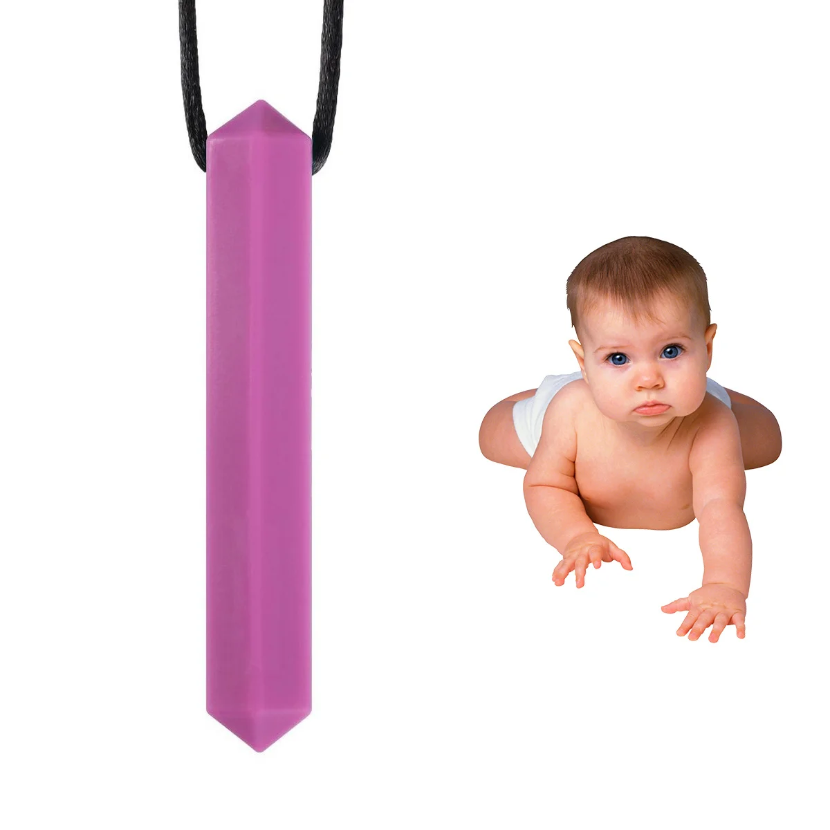 1개 아기 치아발육 목걸이 실리콘 어금니 막대 내구성 안전 유아용 치발기 펜던트 보라색 끈 80cm 잇몸 통증 완화 씹기용
