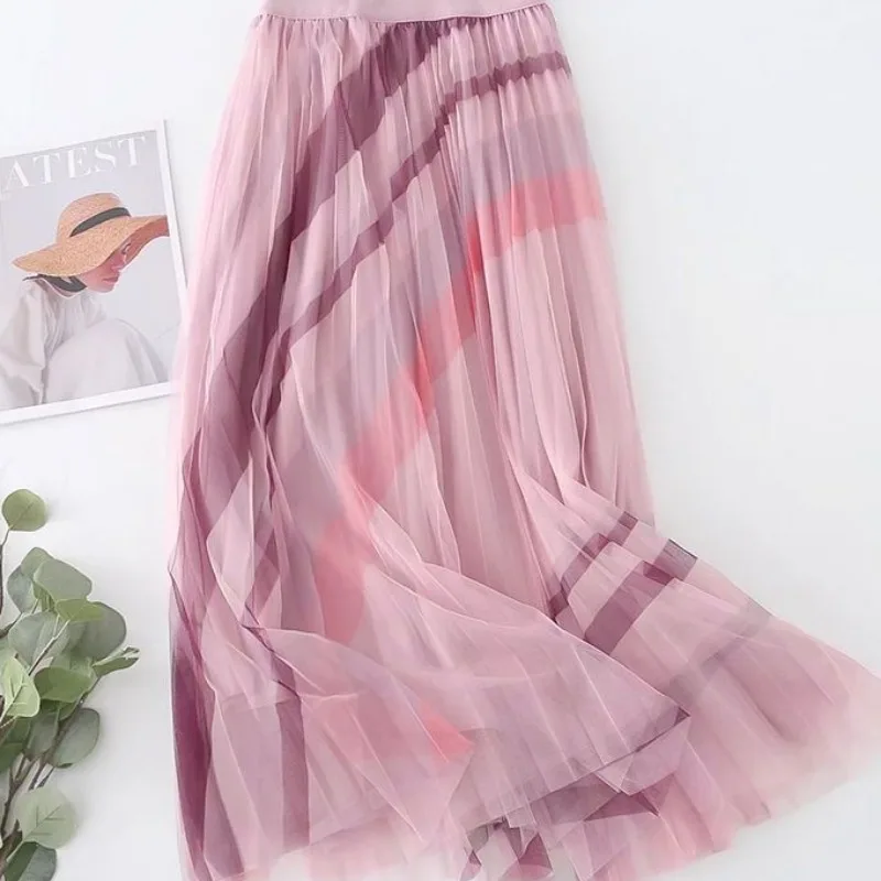 Mesh Skirts for Women High Waist Summer Clothing Elegant New Middle Age Fashion Loose Streetwear Printed Thin Casual Mid-calf