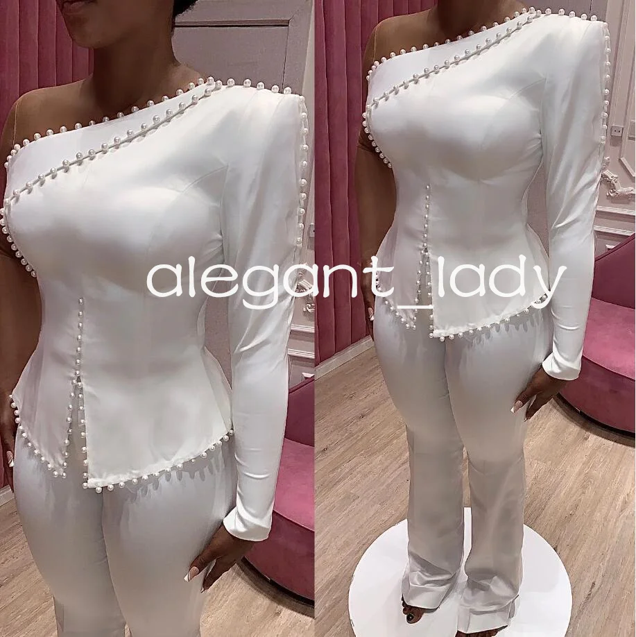 One Shoulder Aso Ebi Jumpsuit Wedding Dresses Outfit Long Sleeve Pearls Corset Customsized African Bridal Gown Pant Suit