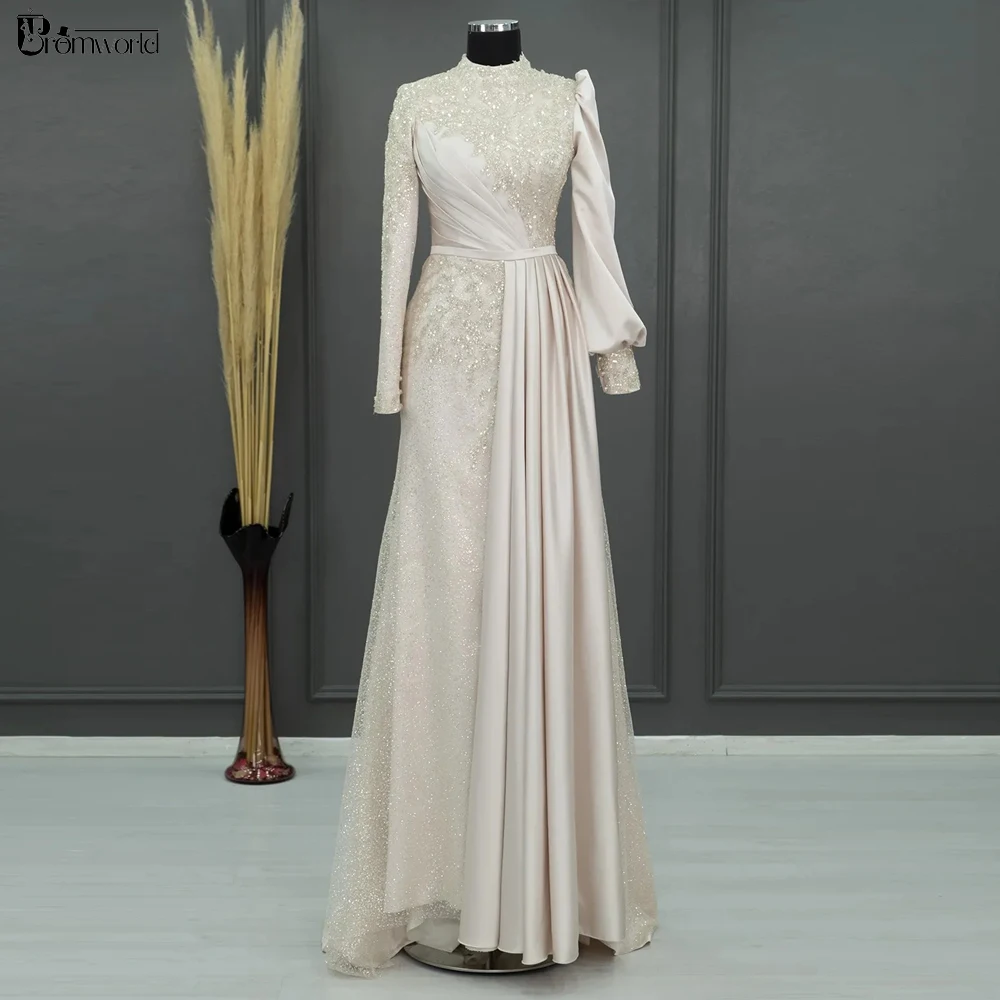 

Elegant Muslim Formal Dress Luxury Evening Dresses for Women Robes De Soirée Beaded Satin A-Line Long Sleeves Party Prom Gowns