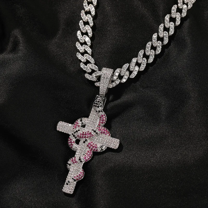 Men Iced Out Snake Wrapped Cross Pendant Blue Zircon Hip Hop Bling Statement Necklace Premium Luxury Perfect Gift Jewelry