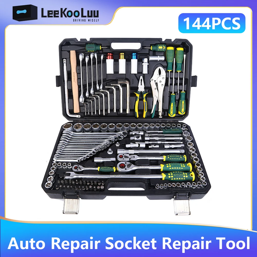 LeeKooLuu 144 pz/set Set di strumenti di riparazione per prese di riparazione automatica Strumento di trasporto Chiave a tubo per riparazione meccanica Set di chiavi rapide a cricchetto