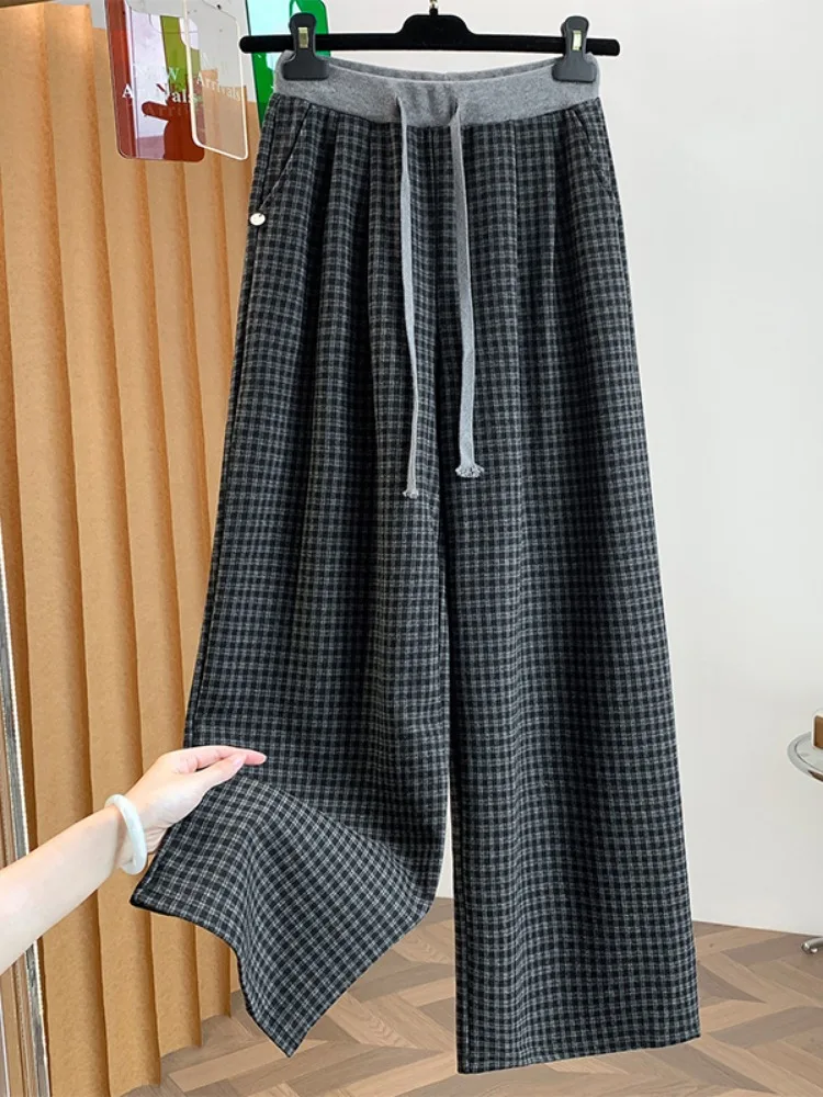 High Waist Plaid Woolen Wide Leg Pants Women's Autumn Winter Color Block Elastic Drawstring Straight Leg Casual Trousers