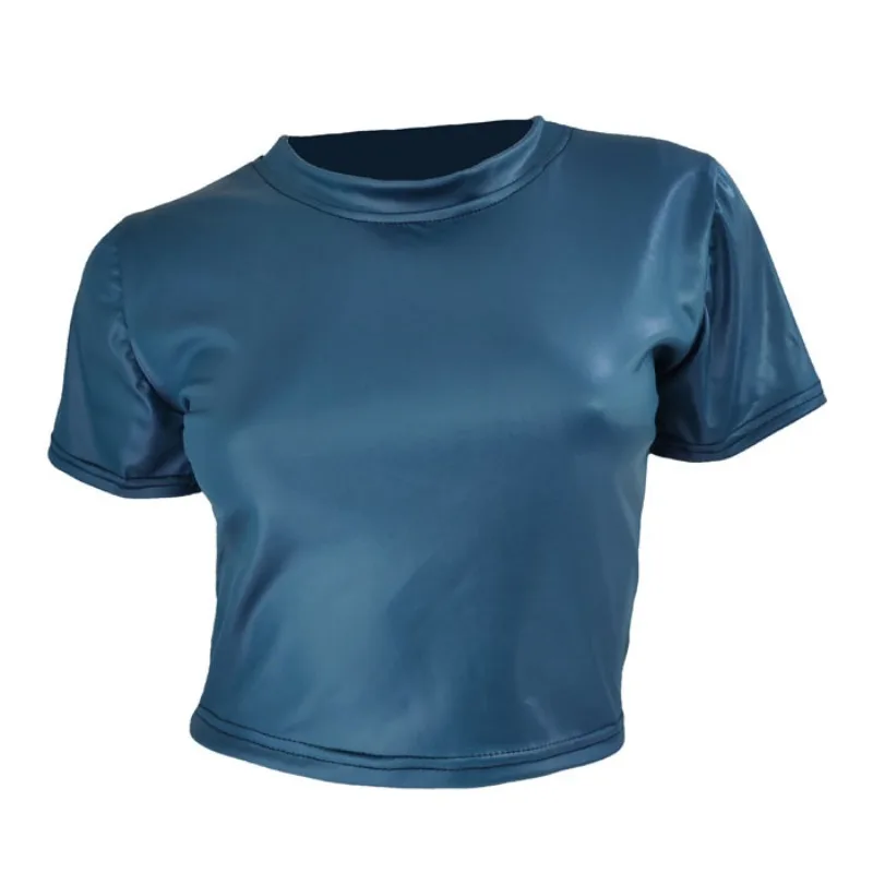 Woman Sexy PU Leather Short-sleeved Shirt Erotic Shaping Sheath Latex Tops Casual T-shirts Women Patent Leather Sexi