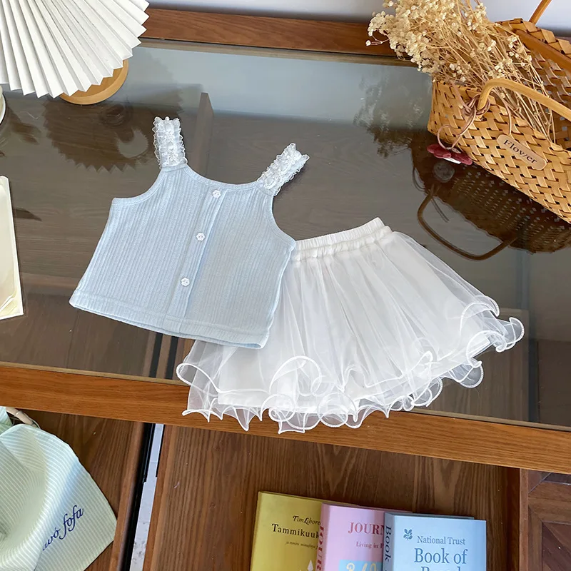 Summer Girls' Skirt Set Blue Lace Button Knitted Top+White Mesh Half Skirts 2Pieces Outfit 2026 New Children Clothes ﻿