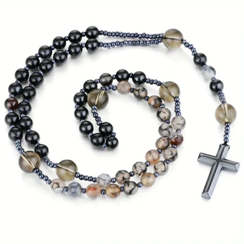 Catholic Black Dragon Agate Smoky Crystal Rosary Beads Necklace Hematite Cross Pendant Necklace Prayer Meditation Jewelry