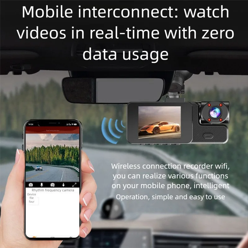 New HD Night Vision Dash Cam, Front & Rear Triple Recording, WiFi Bracket, Suction Cup Fixed, Wireless Monitoring