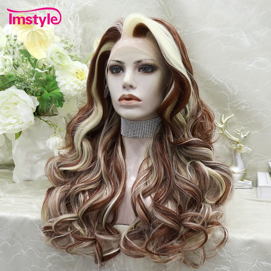 Imstyle Chestnut Brown Wig Synthetic Lace Front Wig Highlight Blonde Long Wigs For Women Heat Resistant Fiber Cosplay Wig
