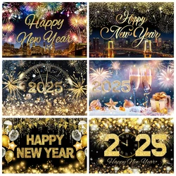 Happy New Year 2025 Backdrop Glitter Fireworks Clock Champagne New Years Eve Christmas Family Party Photography Background Decor