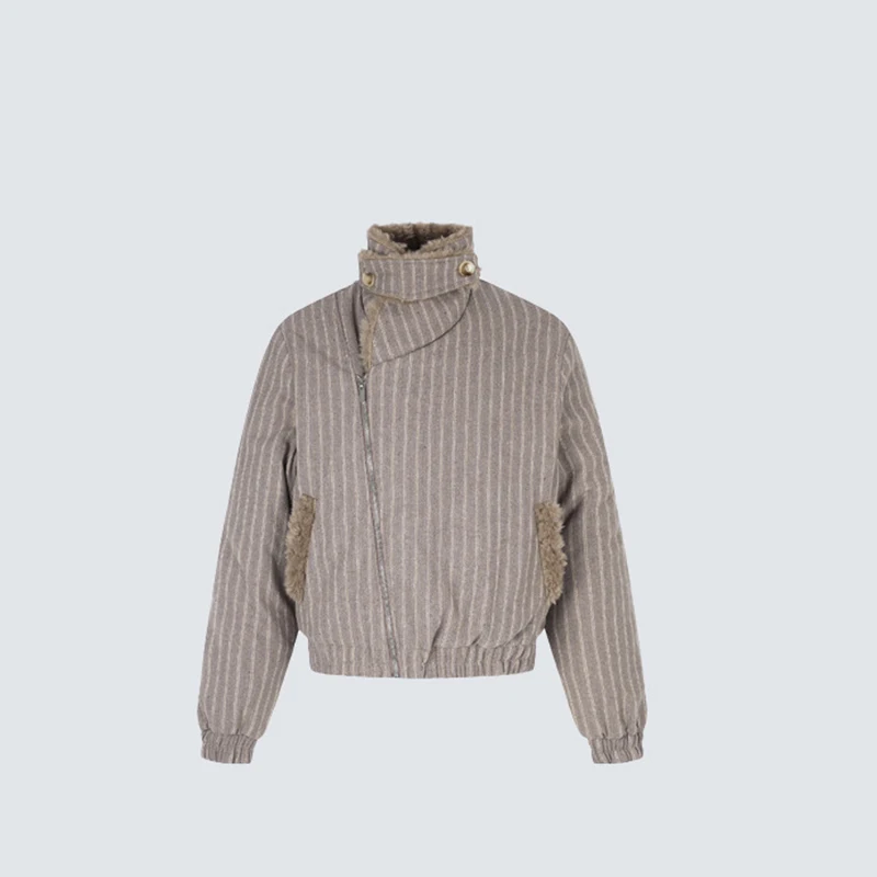 American Retro Vertical Stripe Stand Up Collar Cotton Jacket For Men Women Diagonal Zipper Cashmere Pocket Splicing Jacket