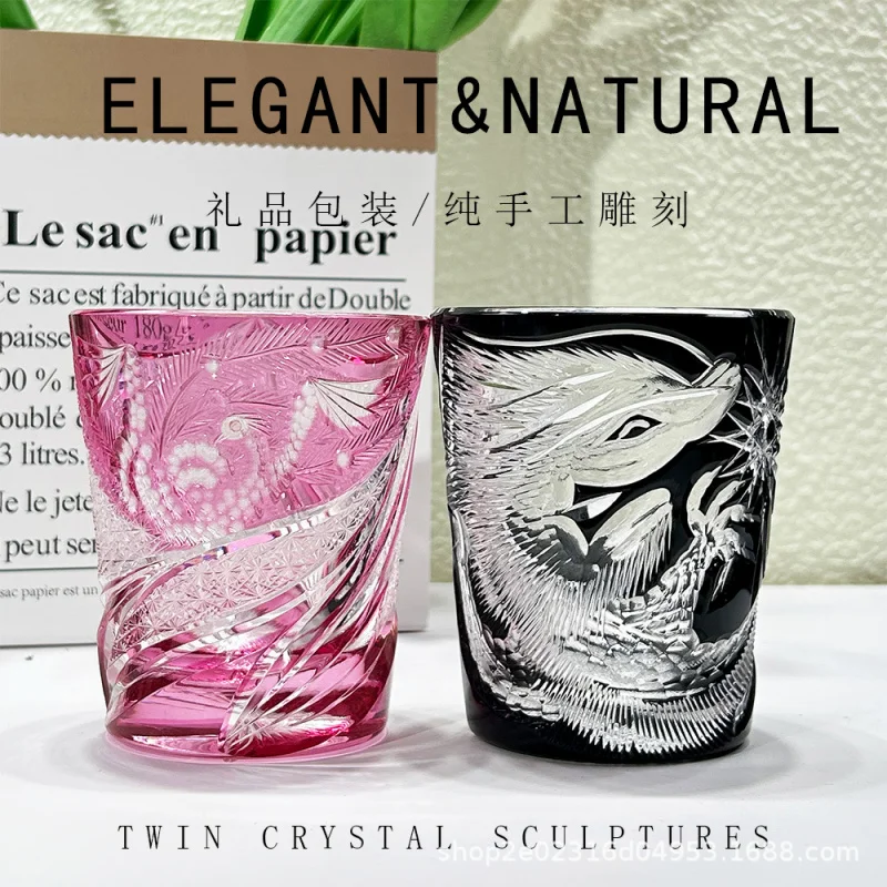 Limited - Edition Treasure! Edo Kiriko Hand - carved Dragon and Phoenix Crystal Pair Cups, Elegant Whiskey Vessels