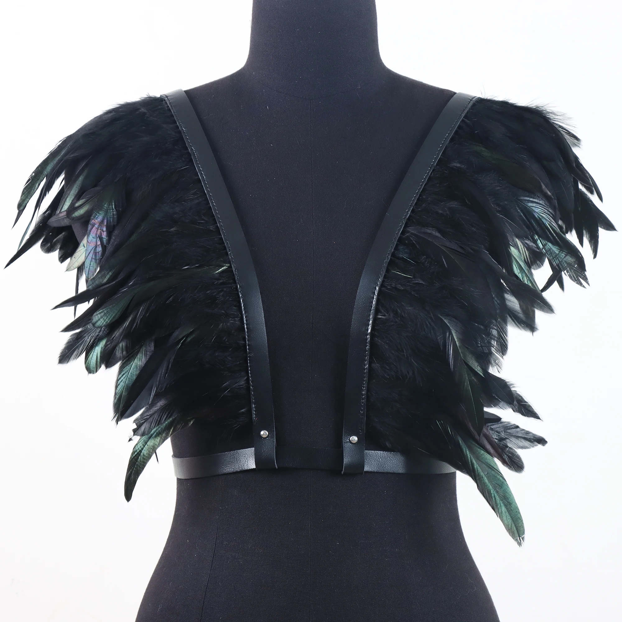 Feather Shawl Halloween for Women Black Luxury PU Leather Harness Shoulder Wraps Punk Feather Scarves Clown Cosplay Goth Clothes