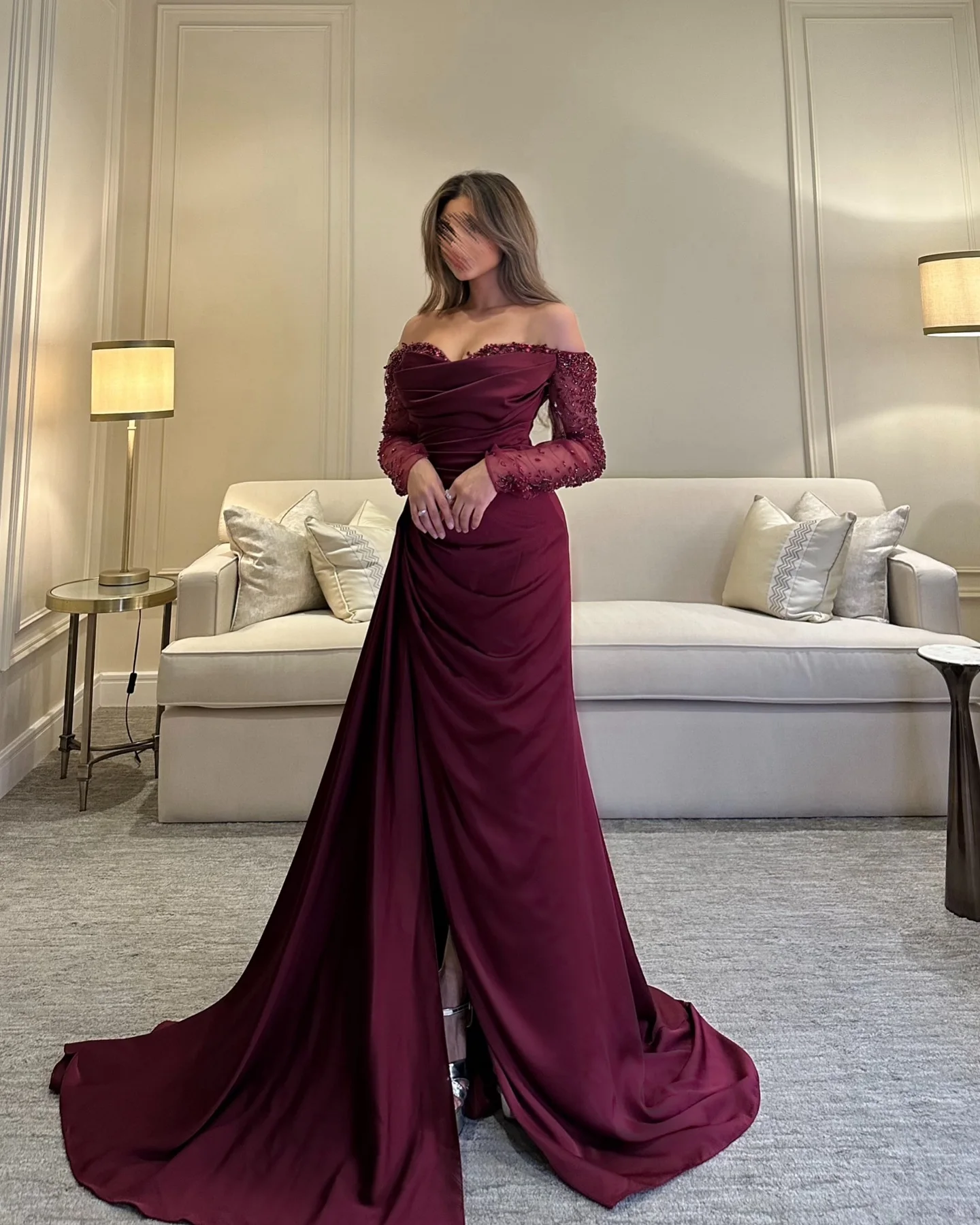 Burgundy Long Sleeve Off the Shoulder Prom Dresses Long for Women 2025 Lace Pleated Side Slit Formal Evening Gowns