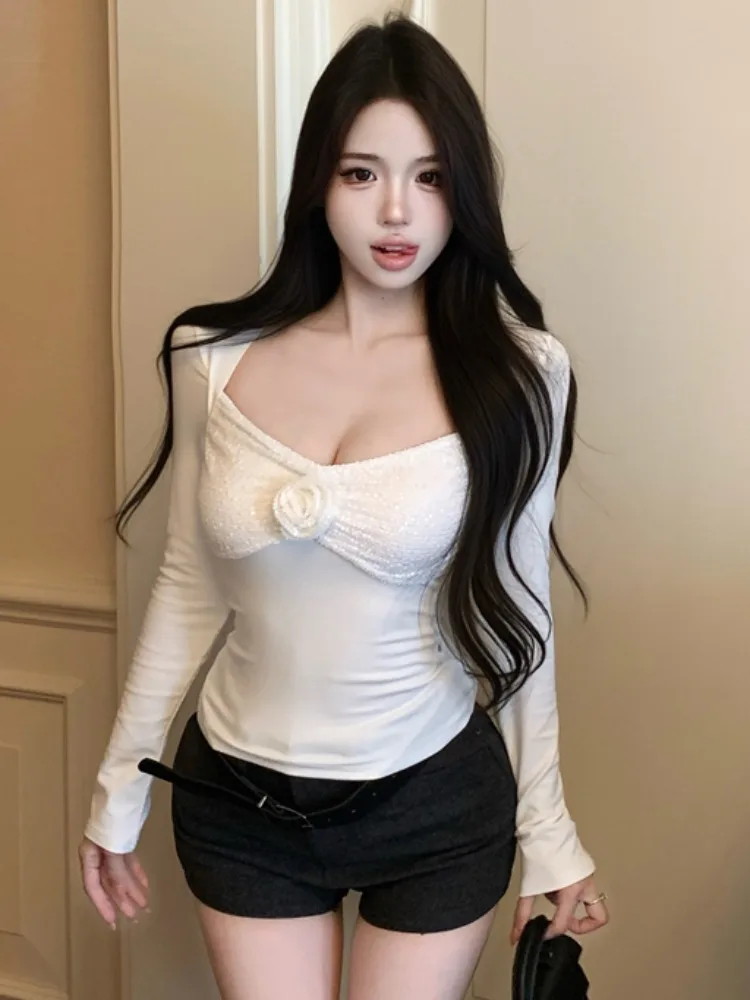 

Slim Fit Sequin Patchwork Knitted Top White Floral Tube Vest T-Shirt Korean Style Commute Pure Desirable Spicy Girl Autumn Wi...