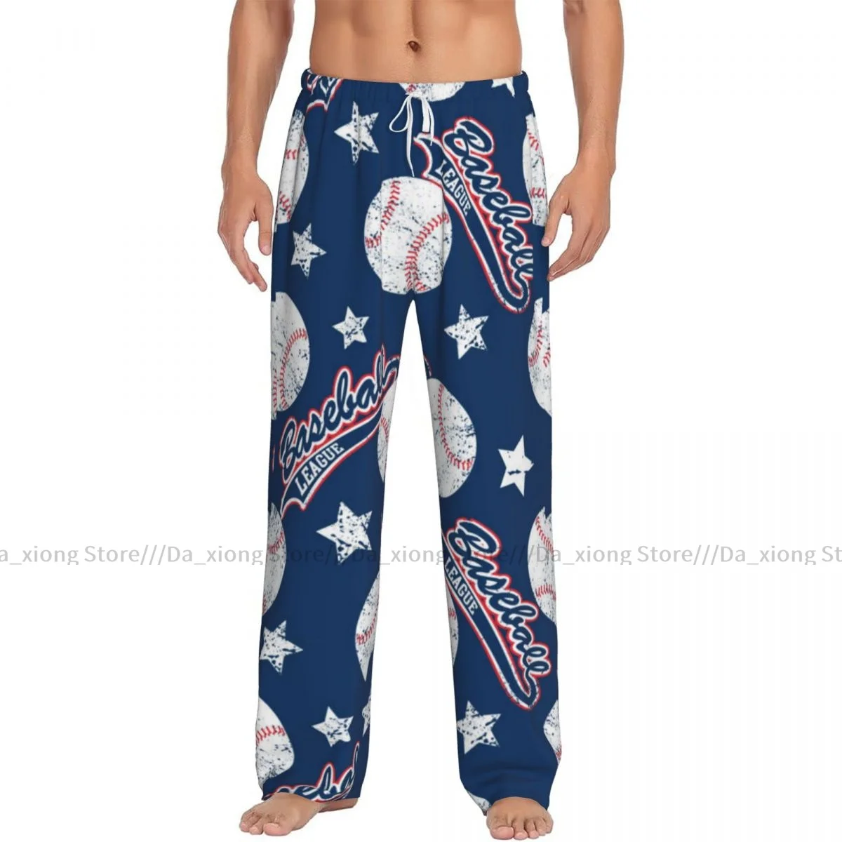 Mens Casual Pajama Long Pant Loose Elastic Waistband Baseball Stars Cozy Sleepwear Home Lounge Pants