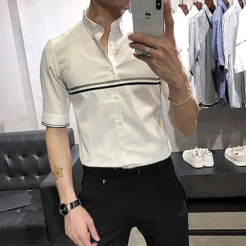 2024 Summer Korean Edition Trendy and Fashionable Polo Collar Color Block Slim Fit Versatile Thin Short Sleeved Shirt for Men