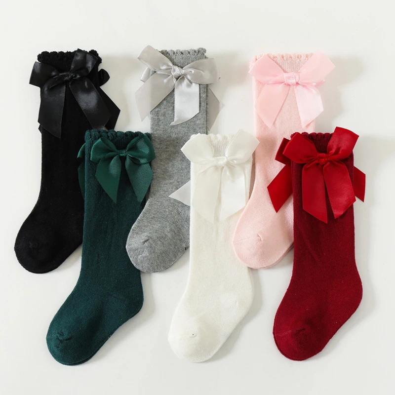 Calcetines de princesa para niñas, vestido con lazo grande, calcetines hasta la rodilla de algodón, medias para niños, accesorios para recién nacidos, ropa para niños