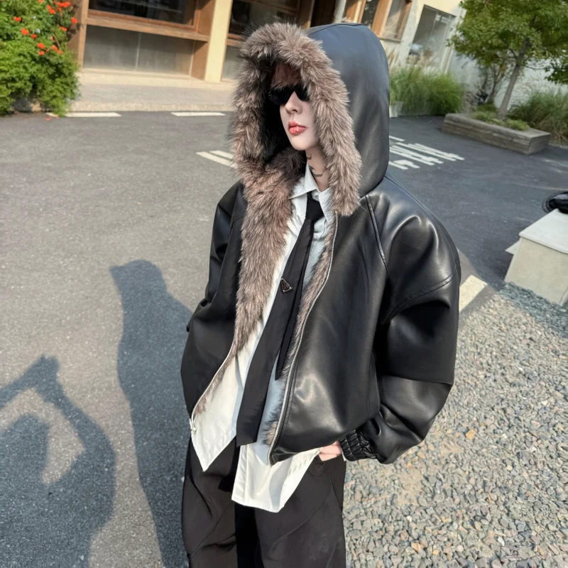 

American Sle Double-Sided Wear Faux Fur Collar Hooded Leather Jaet Men High Sensation Mountain Eagle Simulation Fur Seal ...