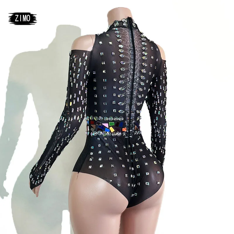NEW GOGO AB crystal Gogo Show black Bodysuit Pole Dance Leotard Long Sleeve Sexy Party Birthday Club Celebrate Drag Queen Outfit