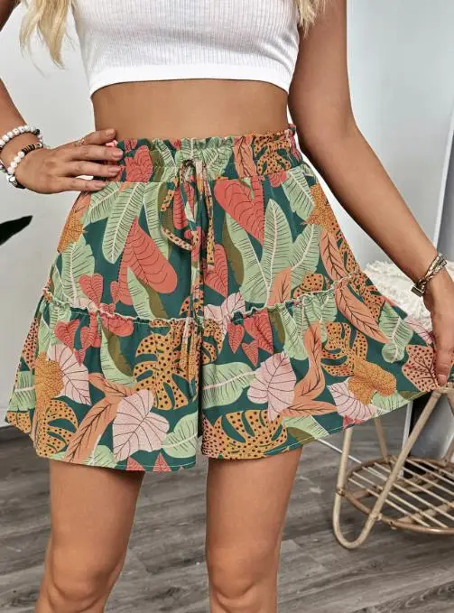 Tropical Plant Vacation Printed Pants 2025 Summer New Elastic Shorts Wide Leg Women's Pants