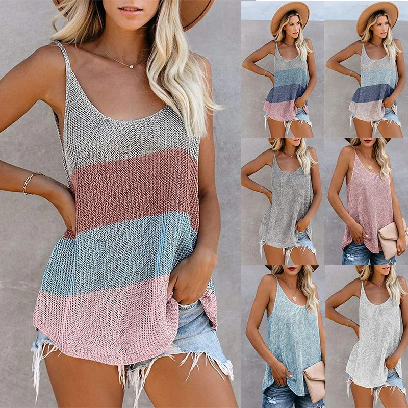 

Sexy Knitted Tops for Women Loose Camis Patchwork Streetwear New Cothing Fashion Tops Sleeveless T Shirt Summer Beachwear Vest