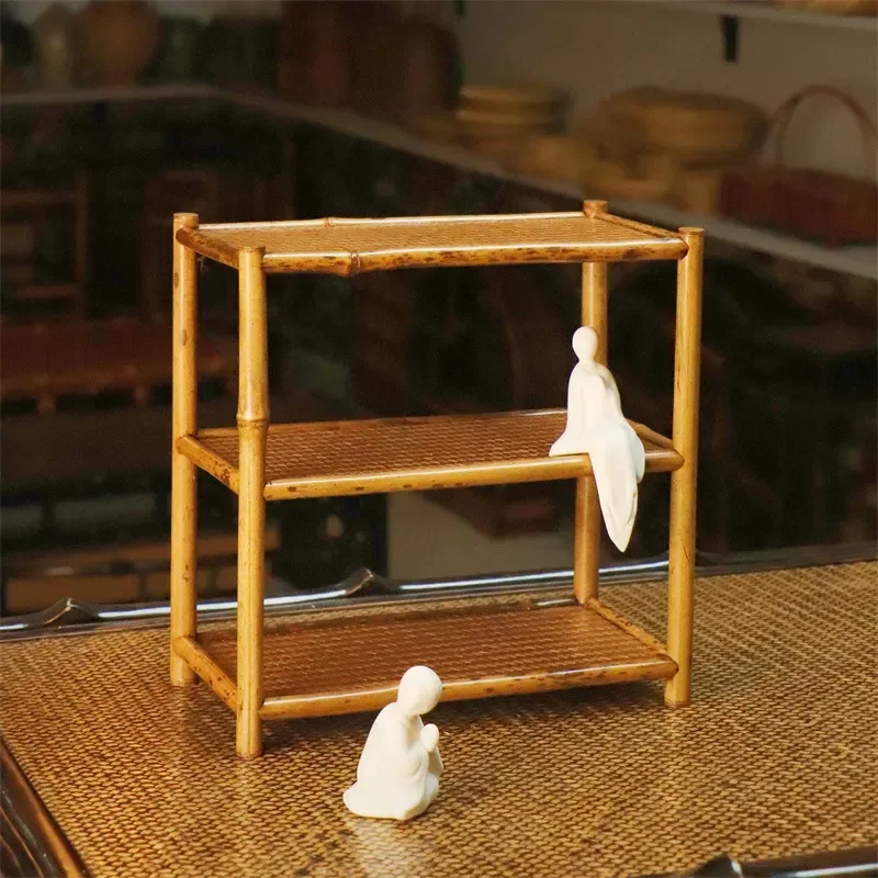 Retro Bamboo Bogu Frame Shelf Double Layer Desktop Tea Set Storage Cup Holder Teapot Stand Woven Mat Rack Model Merlot