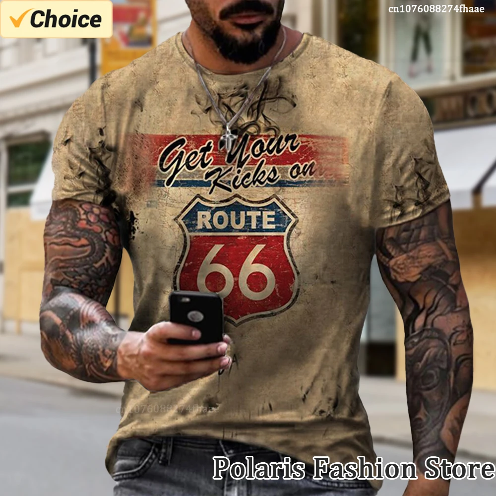Camiseta Vintage americana para hombre, ropa de gran tamaño con estampado 3D, camiseta Retro de manga corta, ropa de calle de moda, Route 66