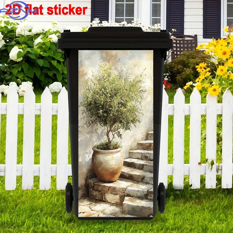 Decorative 2D Flat Stickers Featuring Nature Scenes, Potted Plants, And Abstract Designs in Warm Tones for Trash Cans. These M