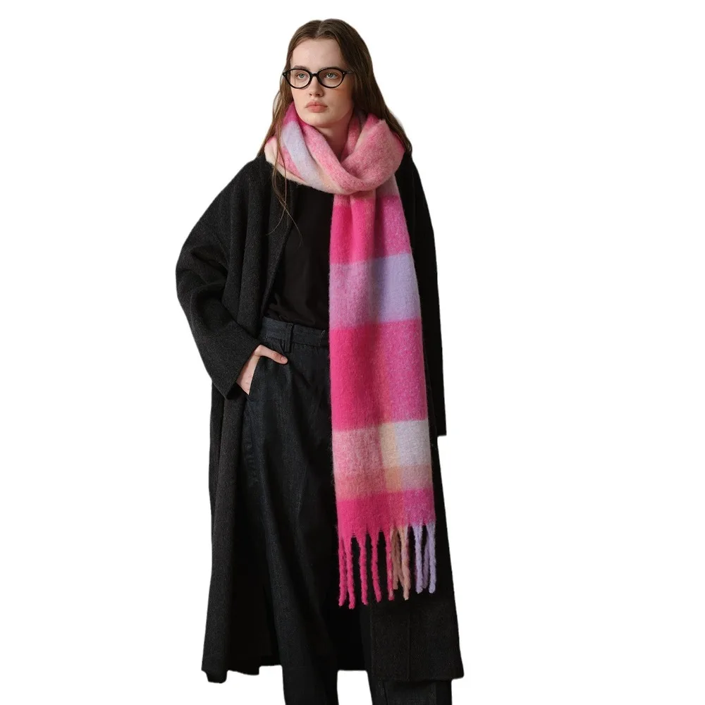 

Шарф для женщин, теплые массивные зимние шарфы, клетчатая шаль, теплые вязаные толстые шали, большие красочные розовые сетчатые шарфы