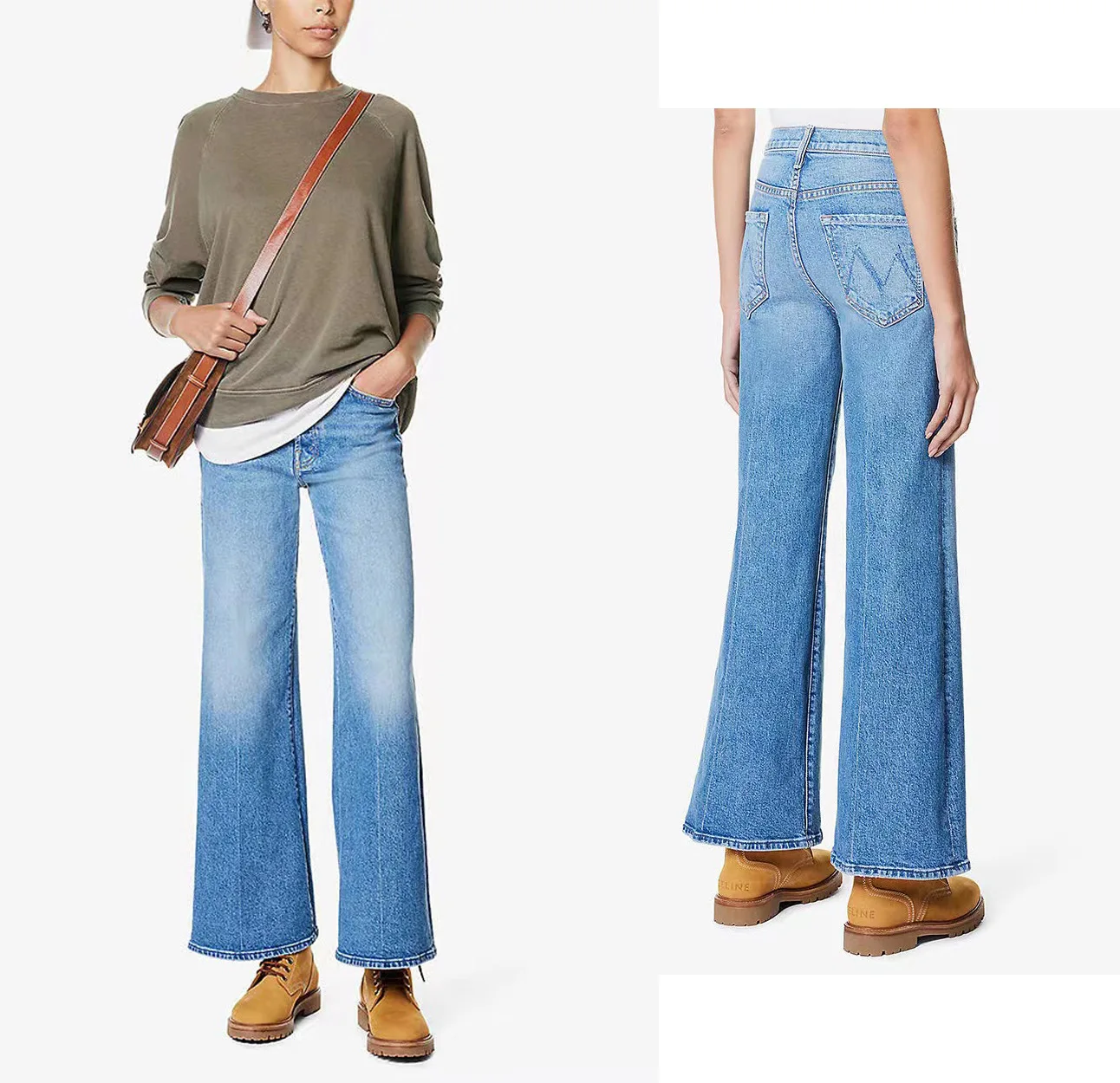 

Jeans For Women 2024 New Early Spring Light Blue High Waist Stretch Wide-Leg Flared Cropped Denim Pants Runway Style Casual