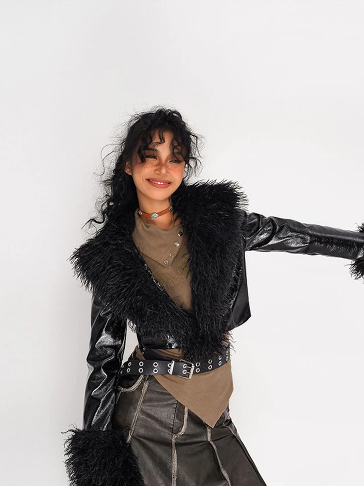 Winter Women Faux Fur Gothic Pu Faux Leather Racer Jacket Crop