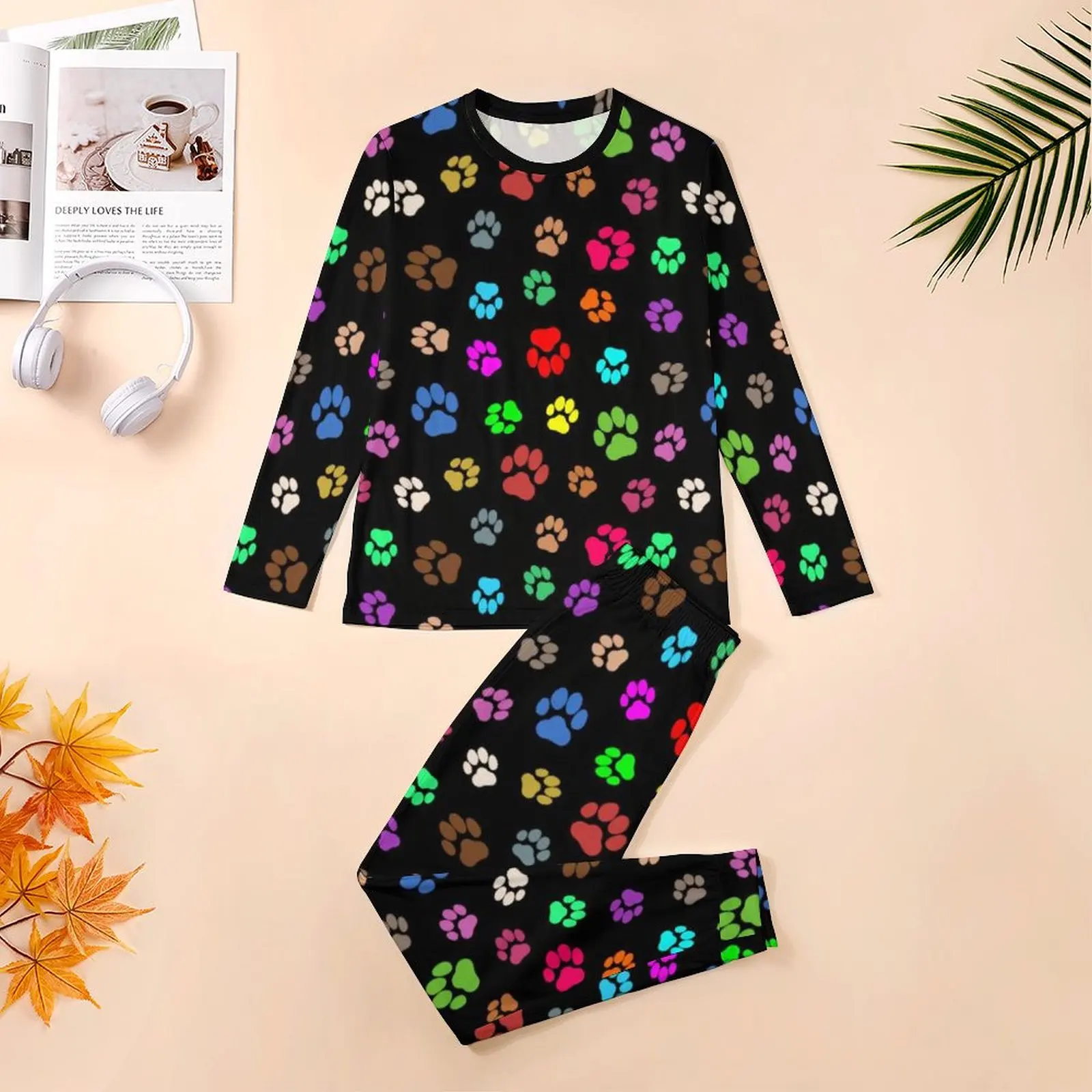 Colorful Dog Pow Pajamas Daily Multicolored Paws Print Room Sleepwear Male 2 Pieces Custom Long Sleeve Cool Oversize Pajama Sets